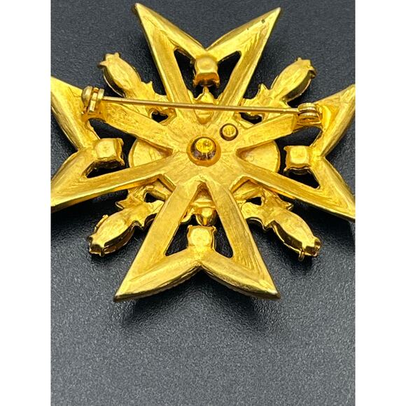 Russian Maltese Cross Red Rhinestone Black Enamel Pearl Crown Eagle Brooch - Picture 5 of 9